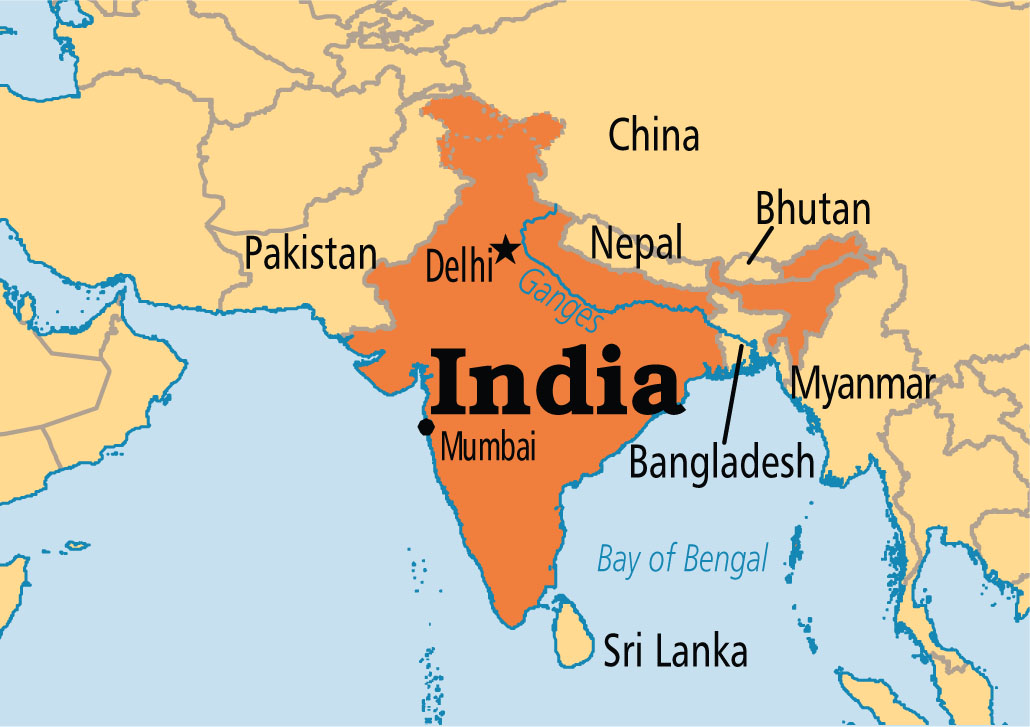 A map of India and surrounding countries