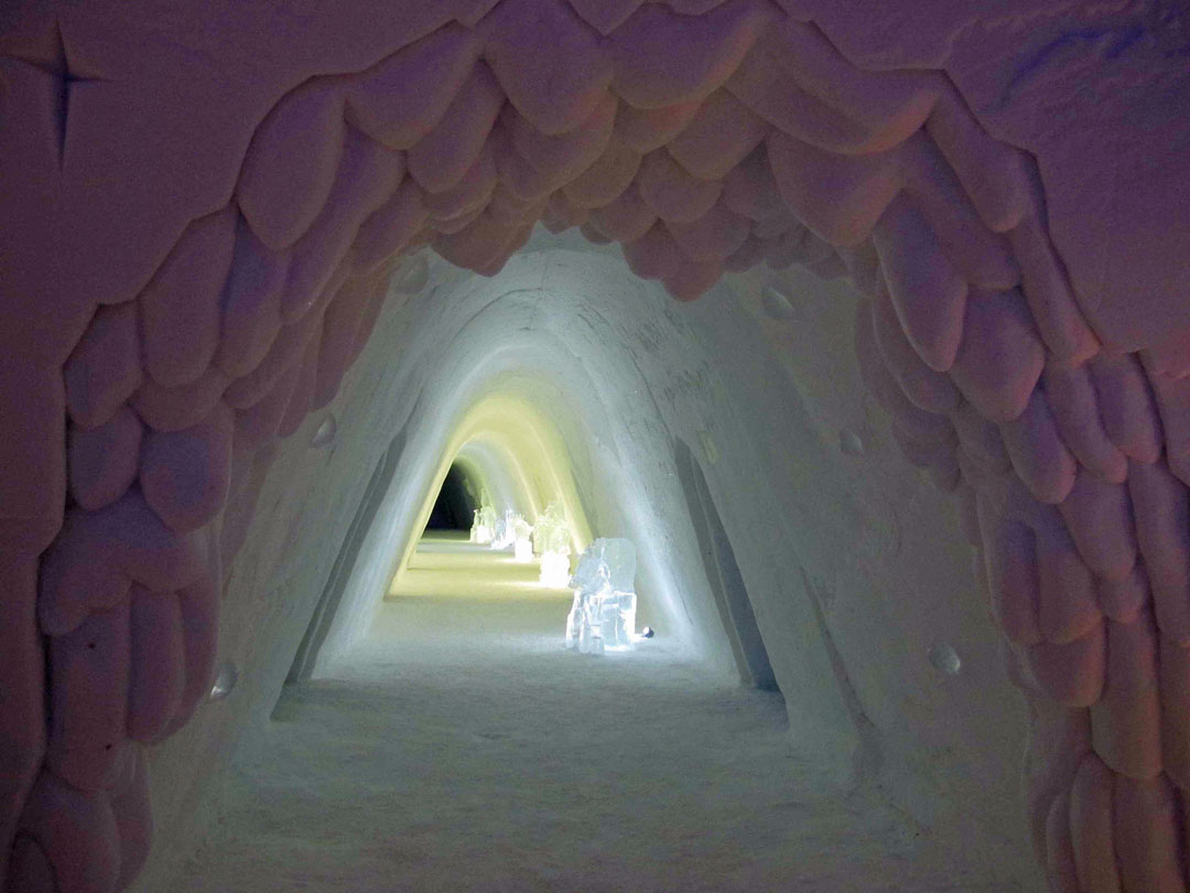 Entrance tunnel to a snow hotel in Norway