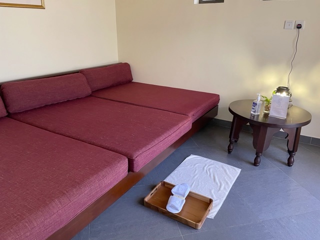 red sofas in a spa room