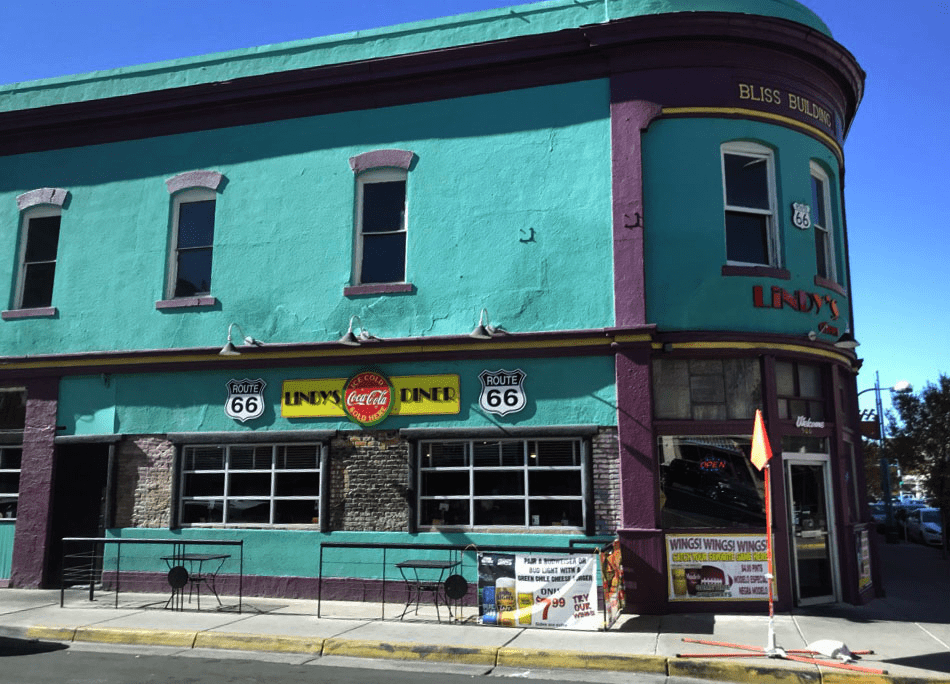 A vintage blue building in Albuquerque on Route 66