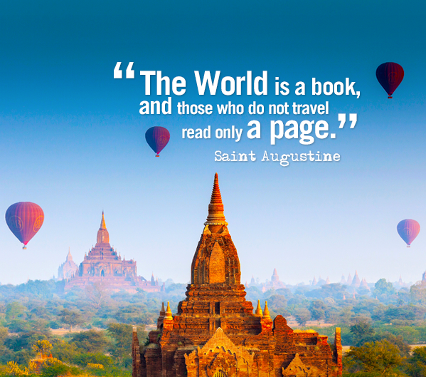 world is a book quote - hot air balloons flying over temples