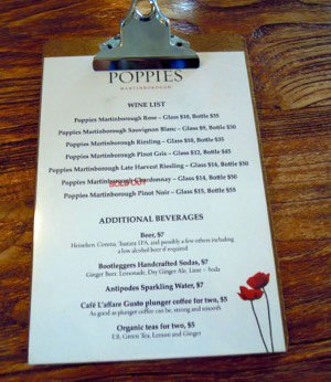 The wine list at Poppies Vinyard