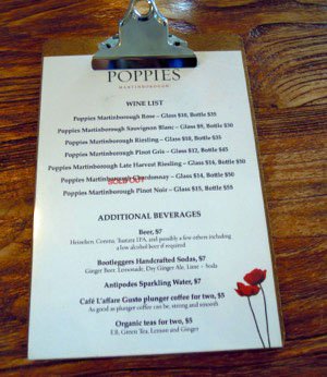 The wine list at Poppies Vinyard