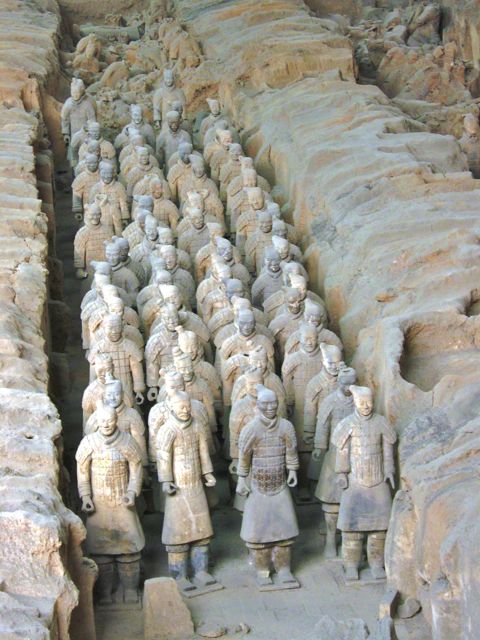 Lines of terra cotta warriors in Xian