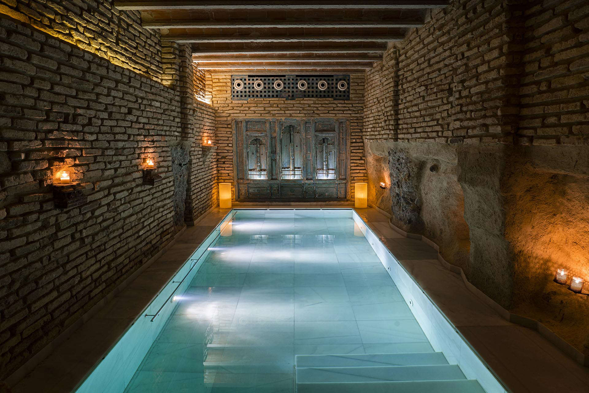 One of the spa baths at the underground spa in Almeria, showing it's blue waters