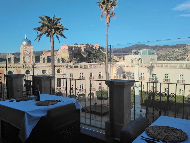 View of church and citadel from Aire Hotel breakfast table