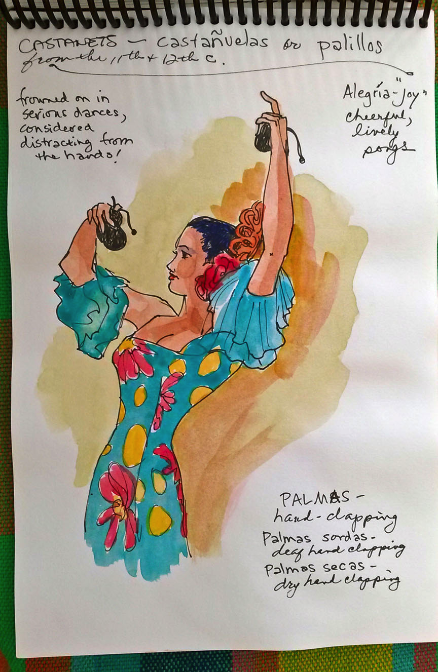 A water color painting of a Spanish flamenco dancer.